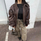Women's Brown Leather Look Bomber Jacket – Oversized Vintage Zip Jacket