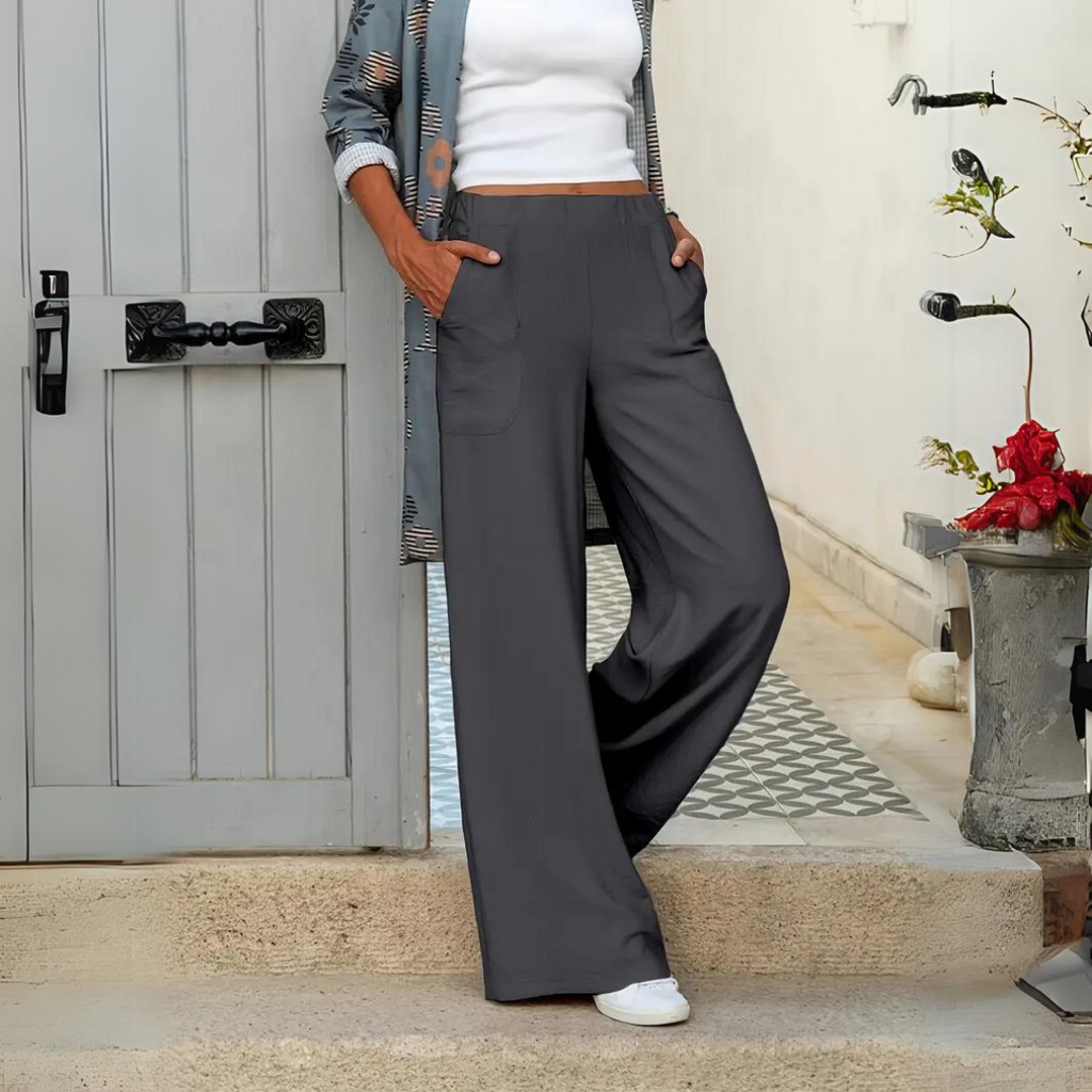 Women's Wide Leg Elastic Waist Pants – Relaxed Casual Pocket Trousers