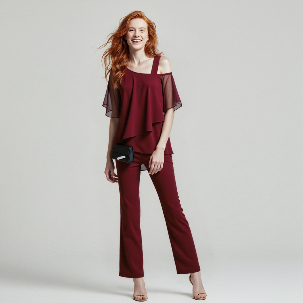 Women's Cold Shoulder Pants Set – Asymmetrical Top & Tailored Trouser Set