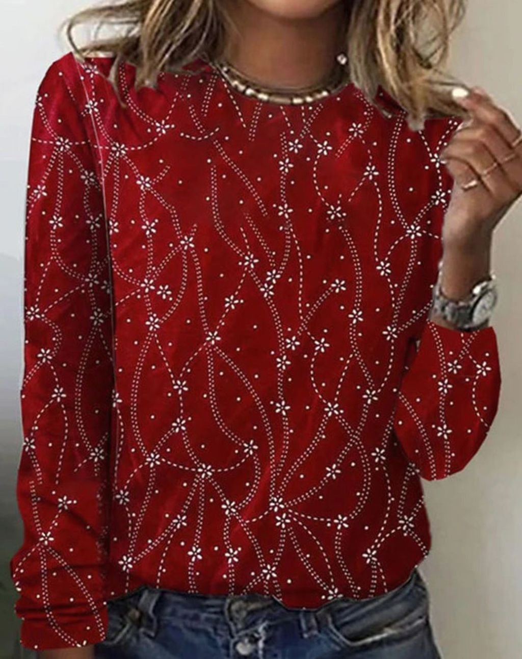 Women's Floral Sweater – Round Neck Long Sleeve Knit Sweater