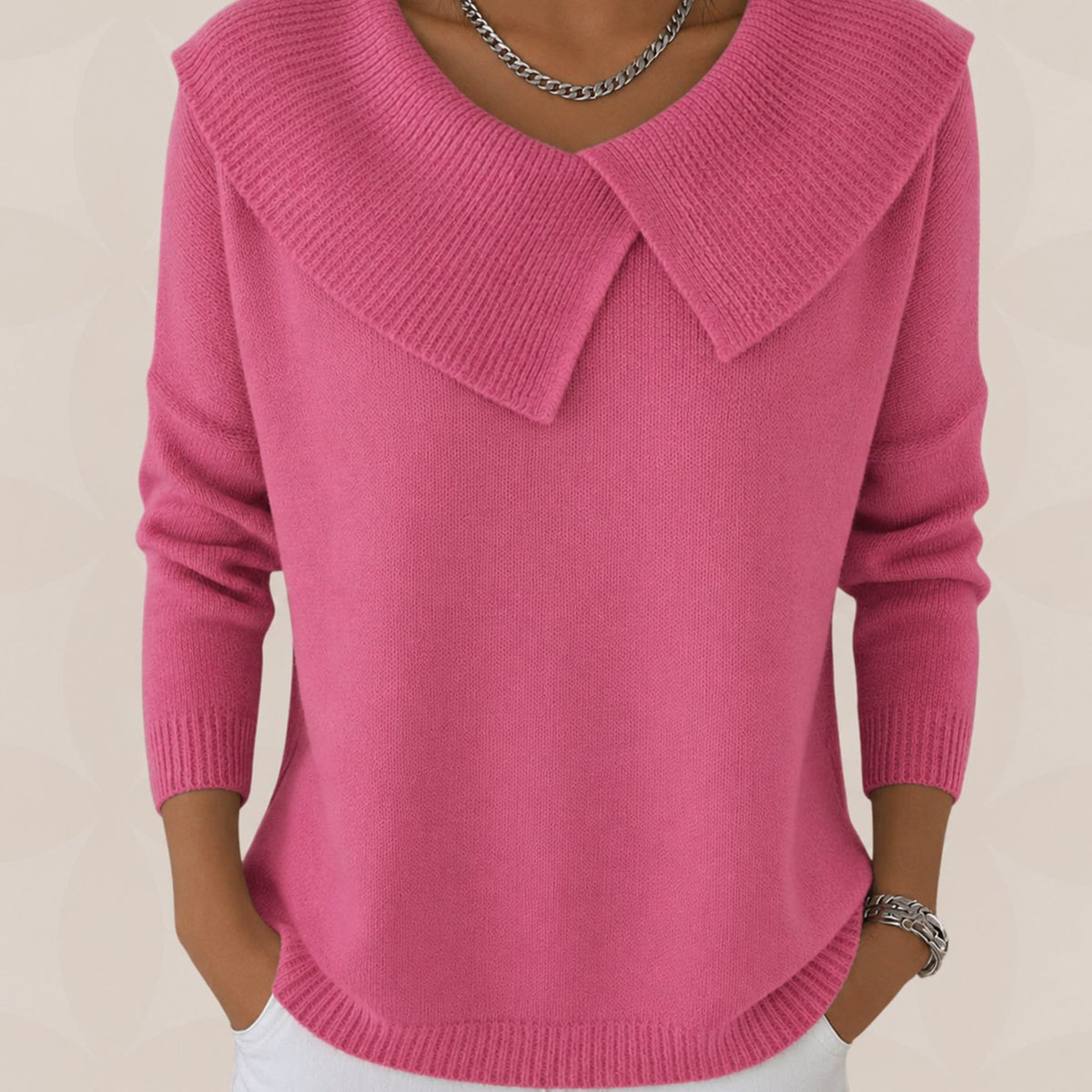 Women's Pleated Collar Sweater – Relaxed Long Sleeve Knit Sweater