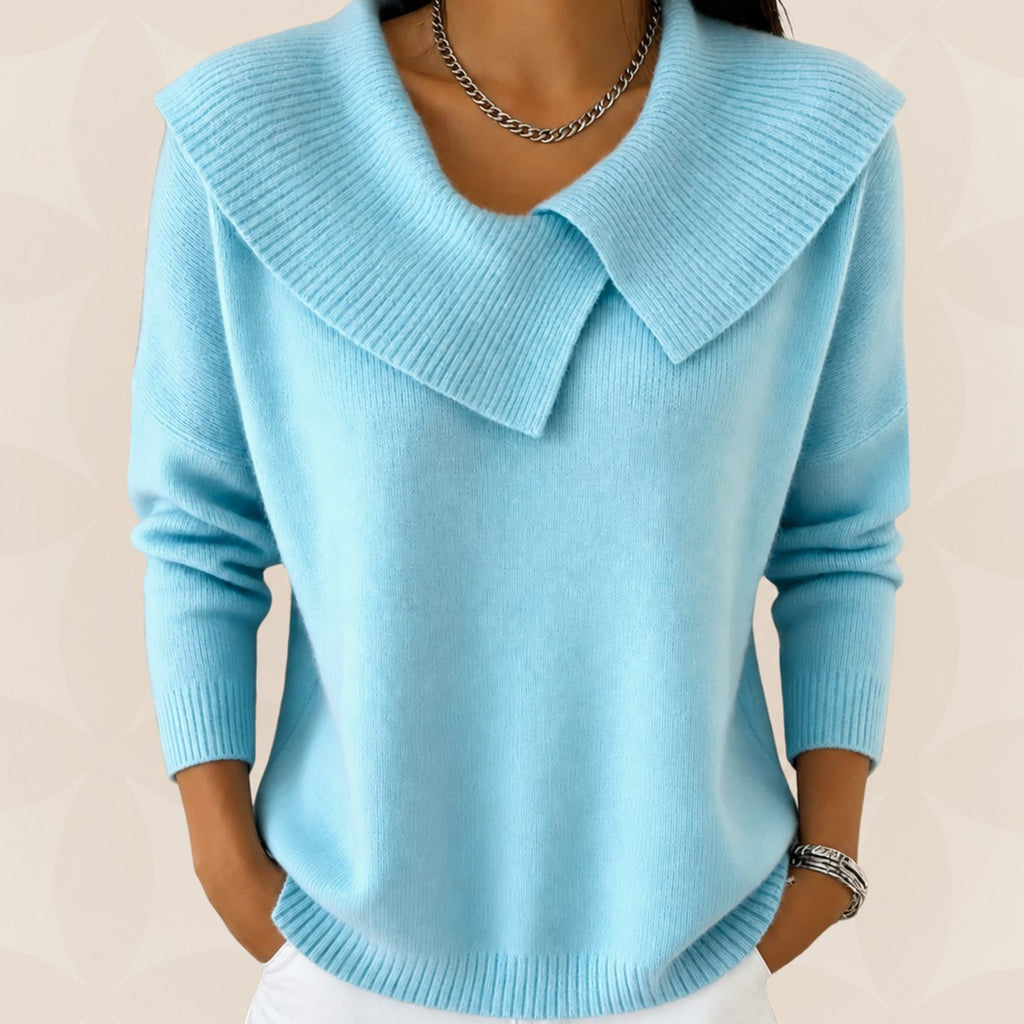 Women's Pleated Collar Sweater – Relaxed Long Sleeve Knit Sweater