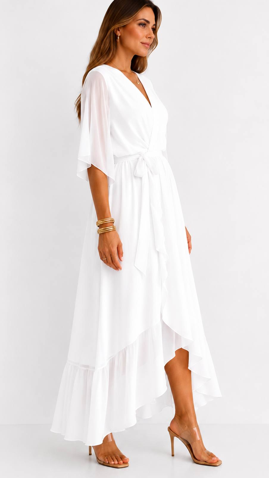 Women's Chiffon Wrap Dress – V-Neck Tie Waist Flowy Occasion Dress