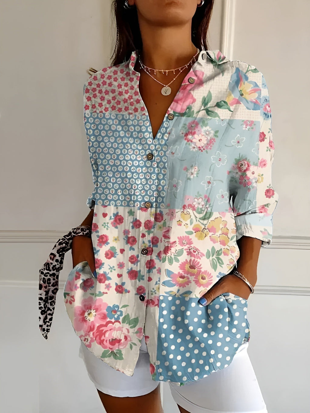 Women's Floral Blouse with Pleated Front and Button Closure
