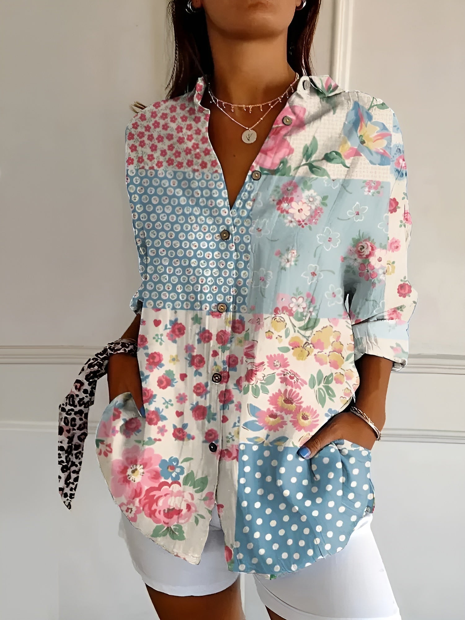 Women's Floral Blouse with Pleated Front and Button Closure