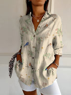 Women's Floral Blouse with Pleated Front and Button Closure