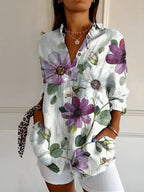 Women's Floral Blouse with Pleated Front and Button Closure
