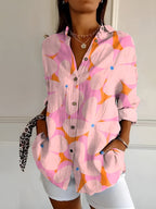 Women's Floral Blouse with Pleated Front and Button Closure