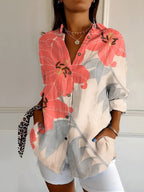 Women's Floral Blouse with Pleated Front and Button Closure