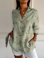 Women's Floral Blouse with Pleated Front and Button Closure