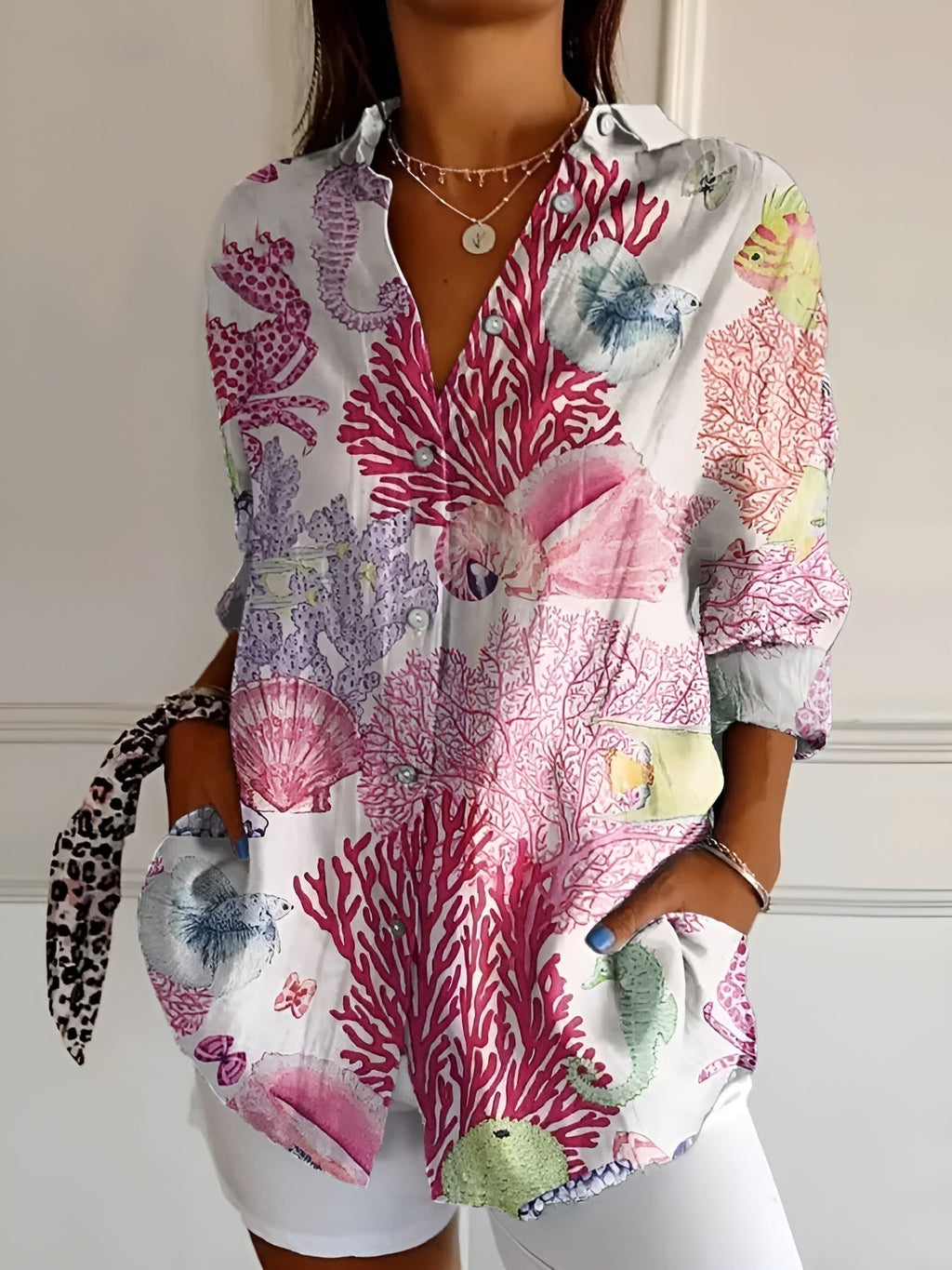 Women's Floral Blouse with Pleated Front and Button Closure