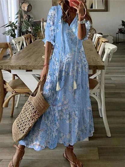 Women's Geometric Boho Dress – V-Neck Lantern Sleeve Dress