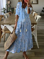 Women's Geometric Boho Dress – V-Neck Lantern Sleeve Dress