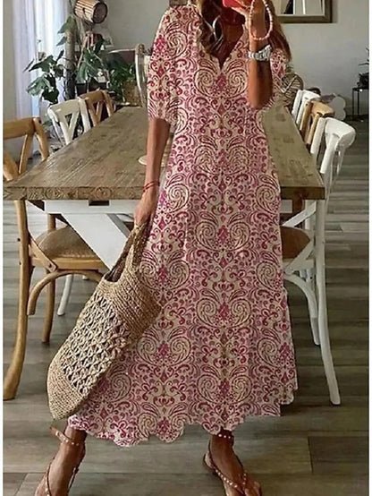 Women's Geometric Boho Dress – V-Neck Lantern Sleeve Dress