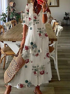 Women's Geometric Boho Dress – V-Neck Lantern Sleeve Dress