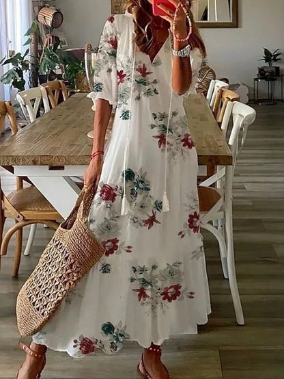 Women's Geometric Boho Dress – V-Neck Lantern Sleeve Dress