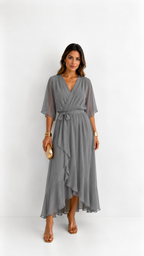 Women's Chiffon Wrap Dress – V-Neck Tie Waist Flowy Occasion Dress