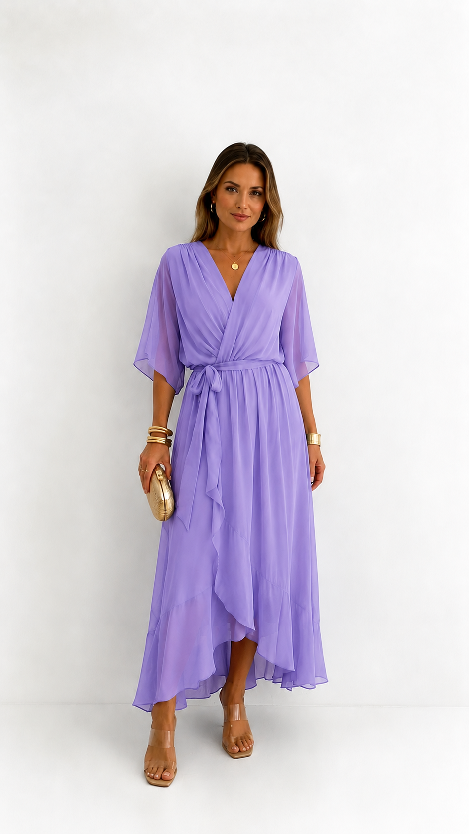 Women's Chiffon Wrap Dress – V-Neck Tie Waist Flowy Occasion Dress