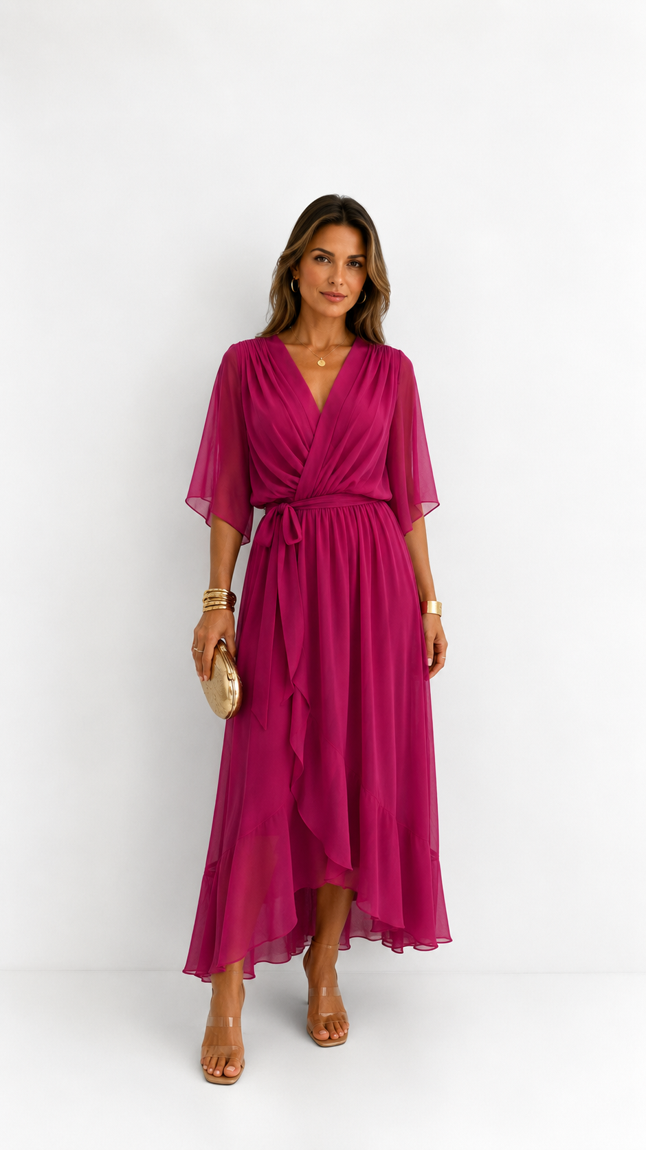 Women's Chiffon Wrap Dress – V-Neck Tie Waist Flowy Occasion Dress