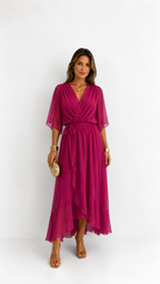 Women's Chiffon Wrap Dress – V-Neck Tie Waist Flowy Occasion Dress