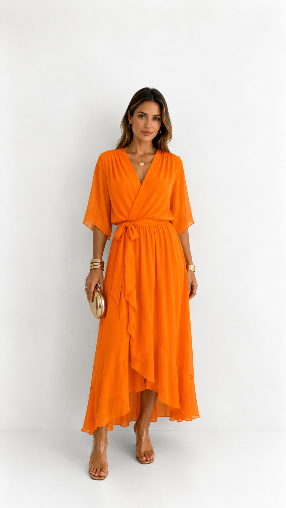 Women's Chiffon Wrap Dress – V-Neck Tie Waist Flowy Occasion Dress