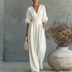 Women's V-Neck Wide Leg Jumpsuit – High Waist Pocket Evening Jumpsuit