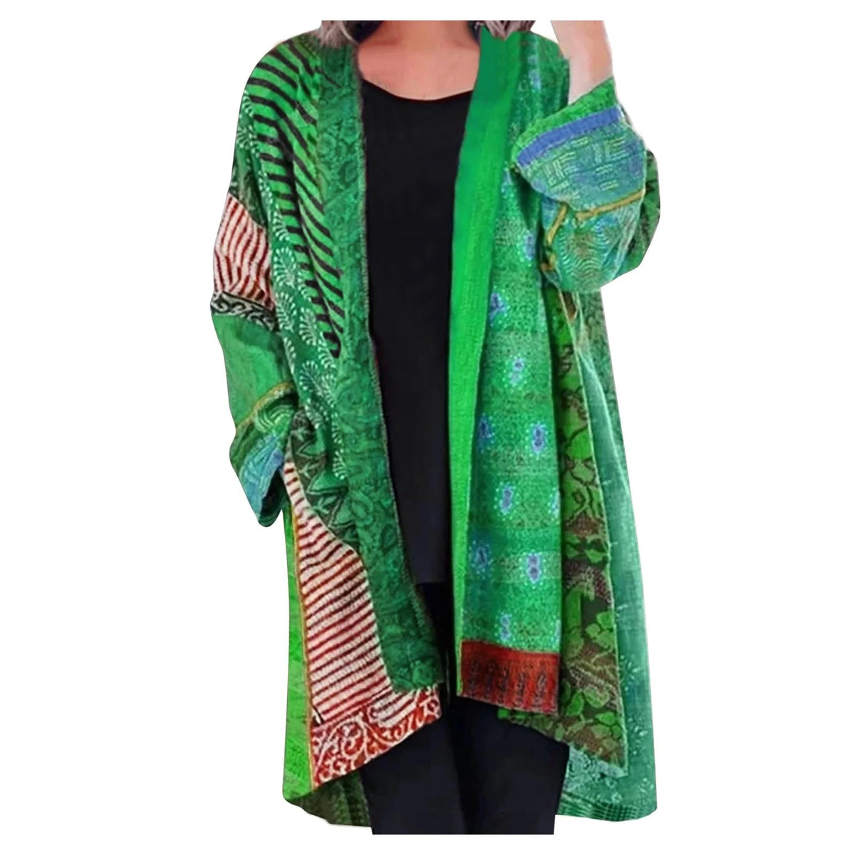 Women's Boho Patchwork Cardigan – Oversized Open Front Pocket Cardigan