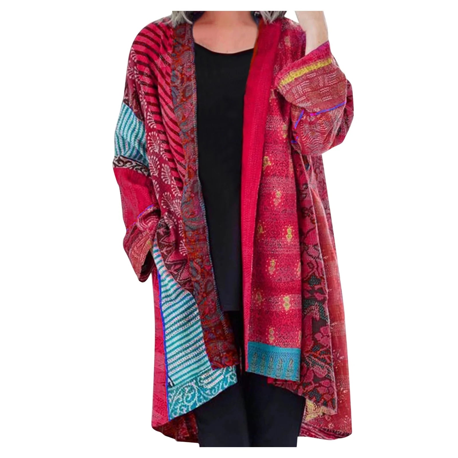 Women's Boho Patchwork Cardigan – Oversized Open Front Pocket Cardigan