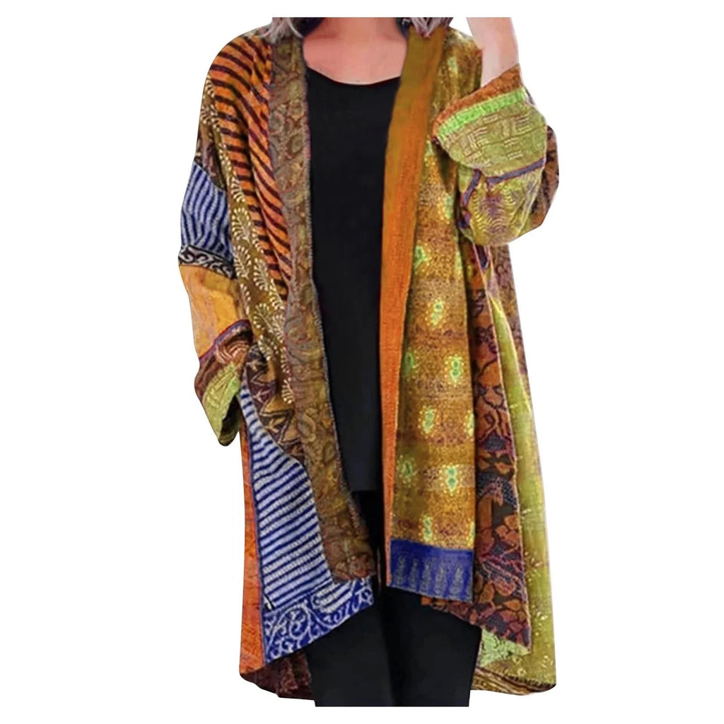 Women's Boho Patchwork Cardigan – Oversized Open Front Pocket Cardigan