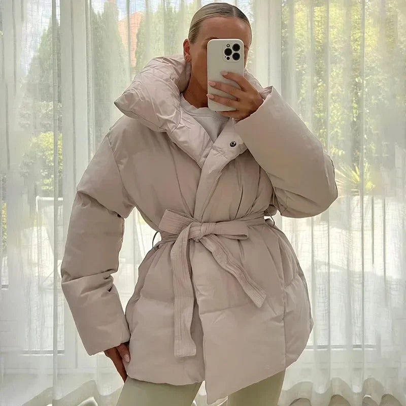Women's Belted Puffer Coat – Quilted Longline Winter Parka