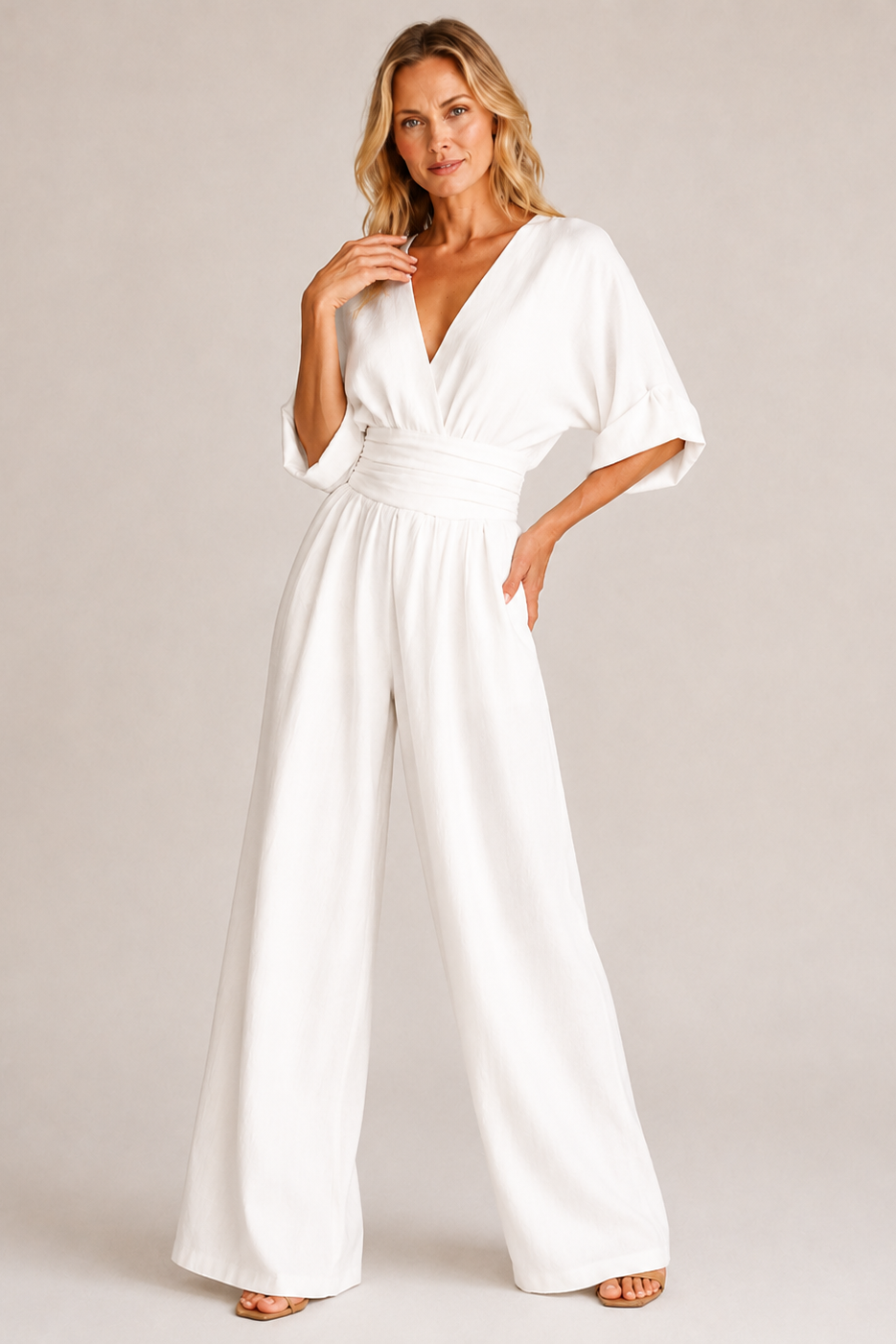 Women's Three-Quarter Sleeve Jumpsuit – Wide Leg Pantsuit
