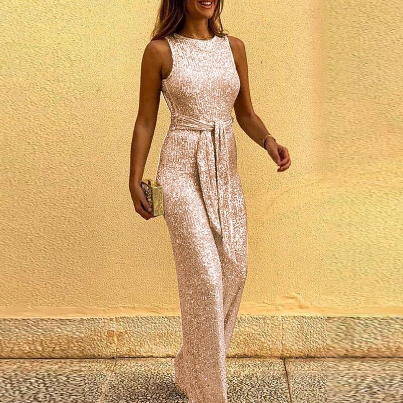 Women's Glitter Jumpsuit – Sparkle Sleeveless Formal Party Jumpsuit