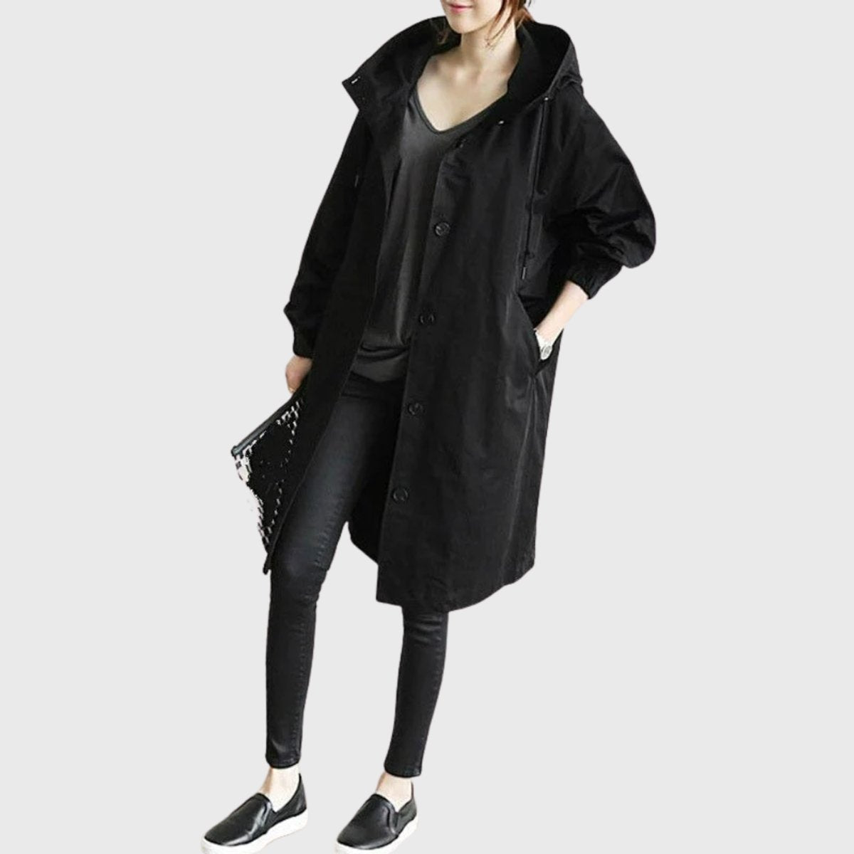Women's Long Raincoat – Hooded Water-Repellent Coat