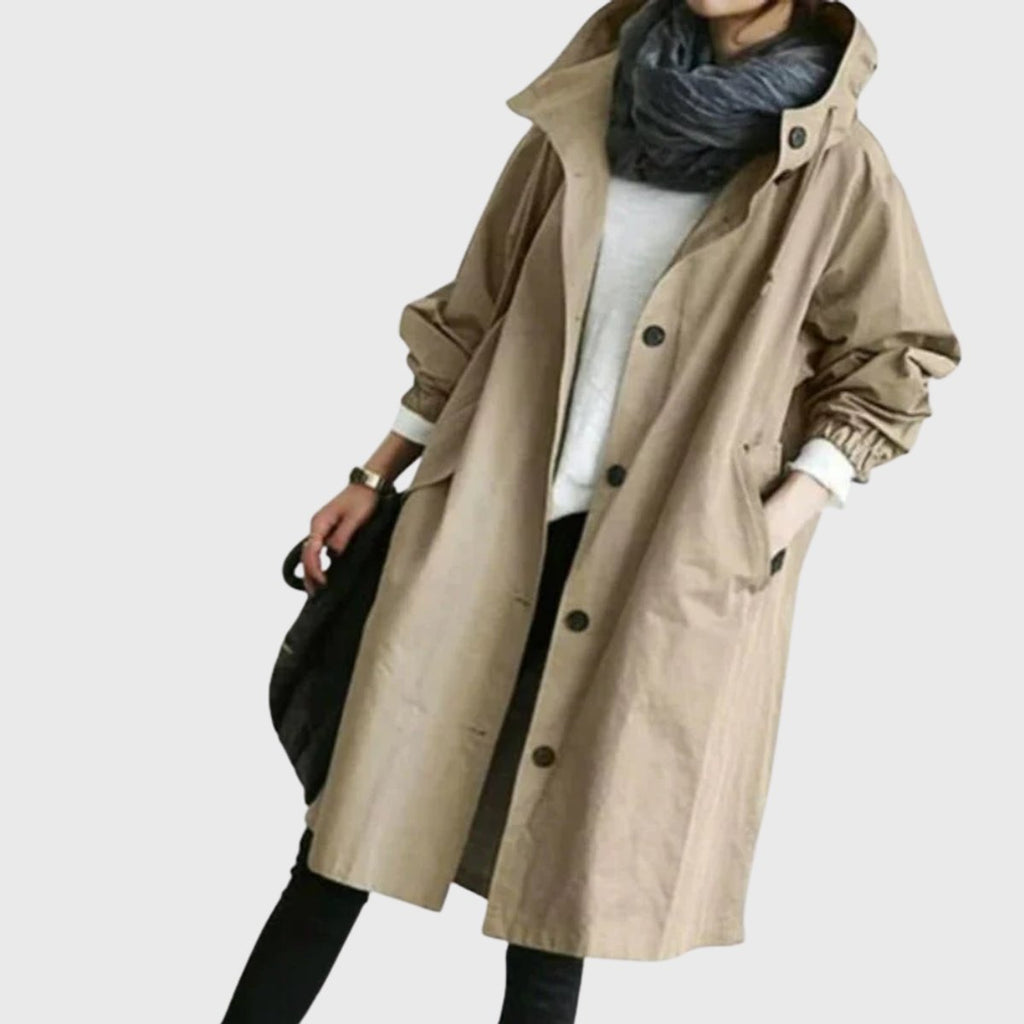 Women's Long Raincoat – Hooded Water-Repellent Coat