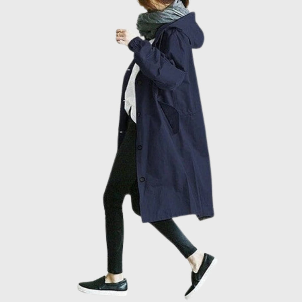 Women's Long Raincoat – Hooded Water-Repellent Coat