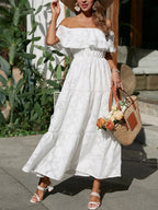 Women's Wedding Guest Off-Shoulder Maxi Dress – Layered Flowy Occasion Dress