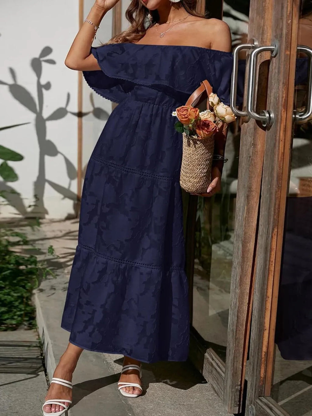Women's Wedding Guest Off-Shoulder Maxi Dress – Layered Flowy Occasion Dress