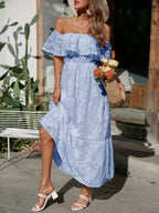 Women's Wedding Guest Off-Shoulder Maxi Dress – Layered Flowy Occasion Dress