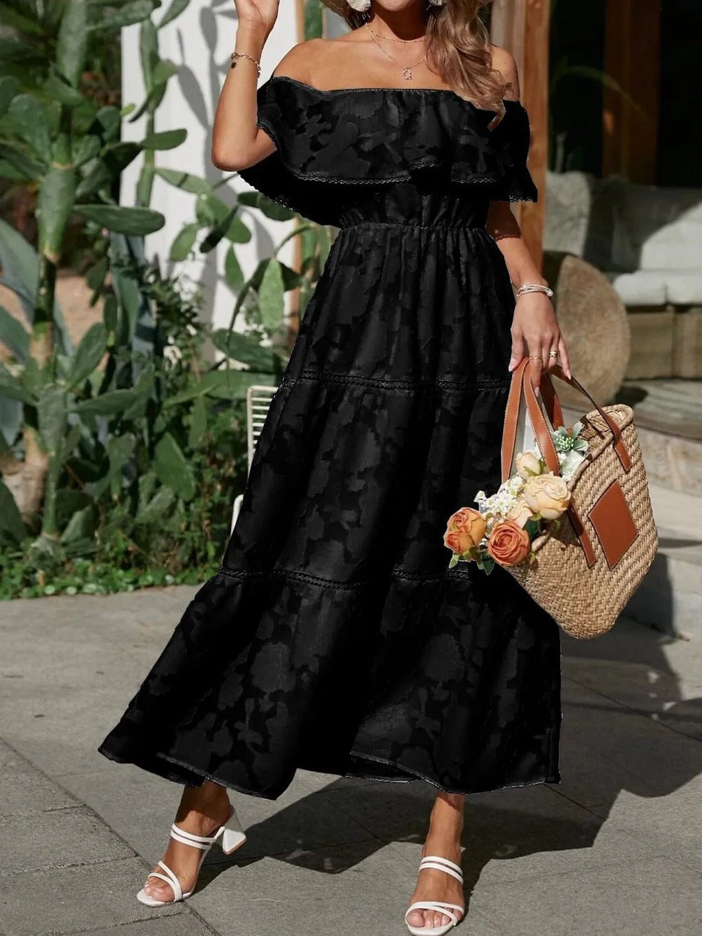 Women's Wedding Guest Off-Shoulder Maxi Dress – Layered Flowy Occasion Dress
