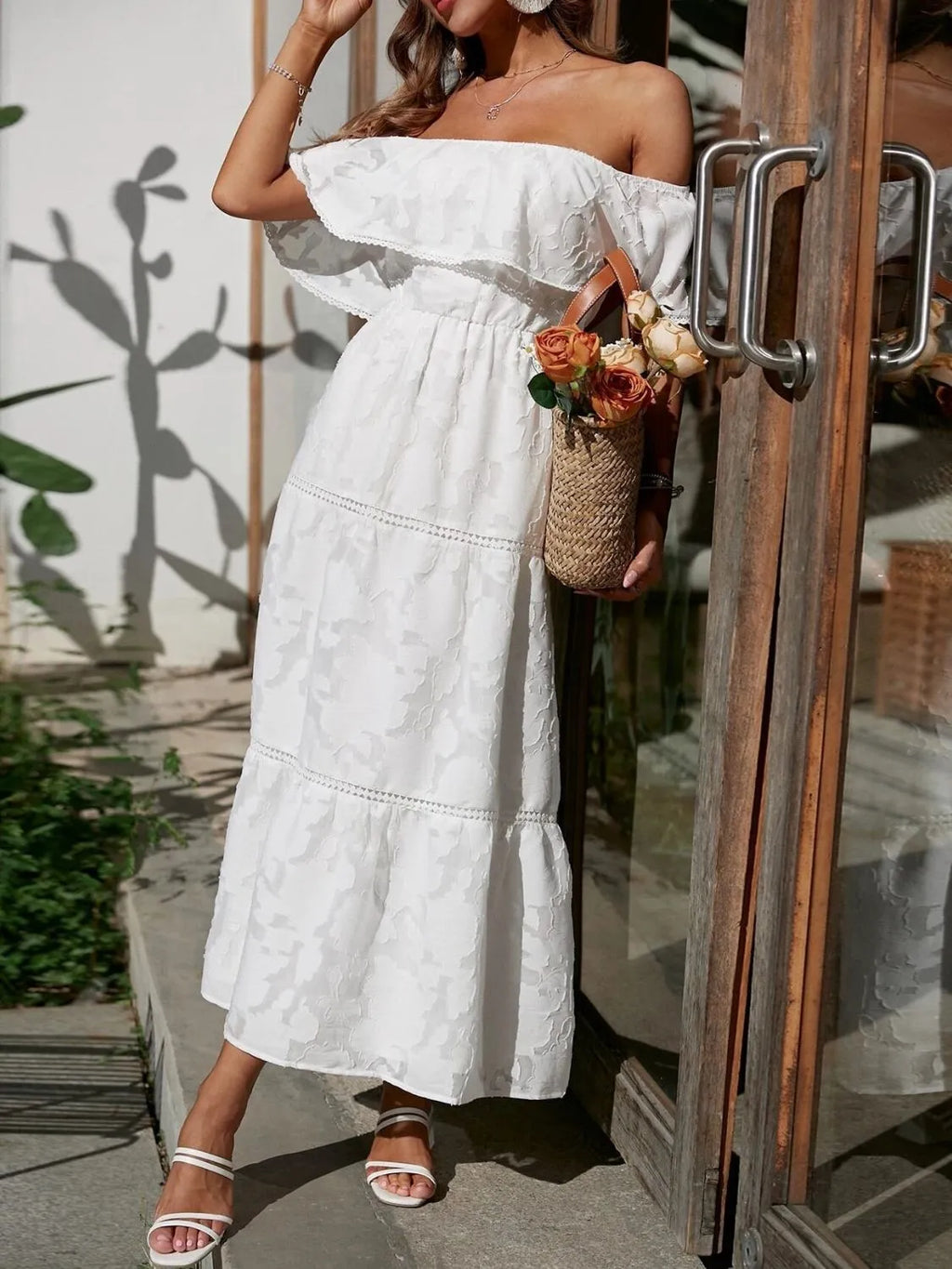 Women's Wedding Guest Off-Shoulder Maxi Dress – Layered Flowy Occasion Dress