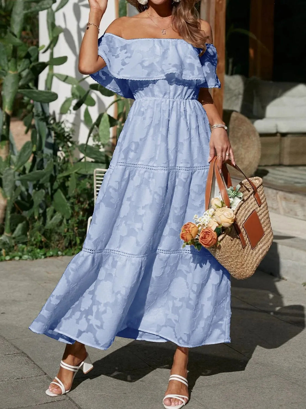 Women's Wedding Guest Off-Shoulder Maxi Dress – Layered Flowy Occasion Dress