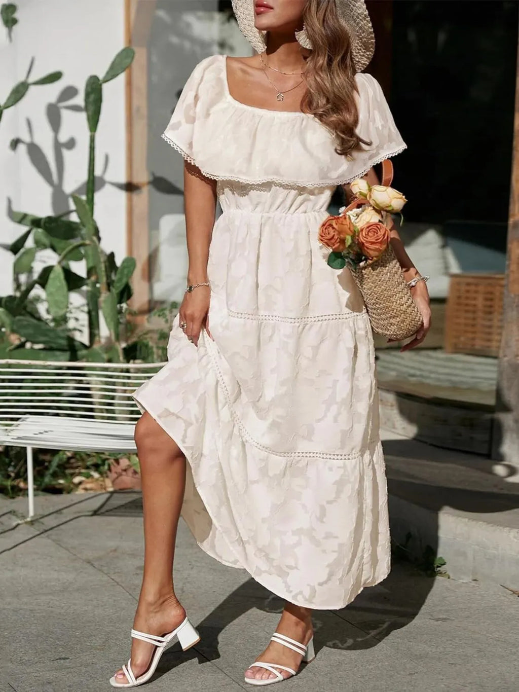 Women's Wedding Guest Off-Shoulder Maxi Dress – Layered Flowy Occasion Dress