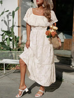 Women's Wedding Guest Off-Shoulder Maxi Dress – Layered Flowy Occasion Dress