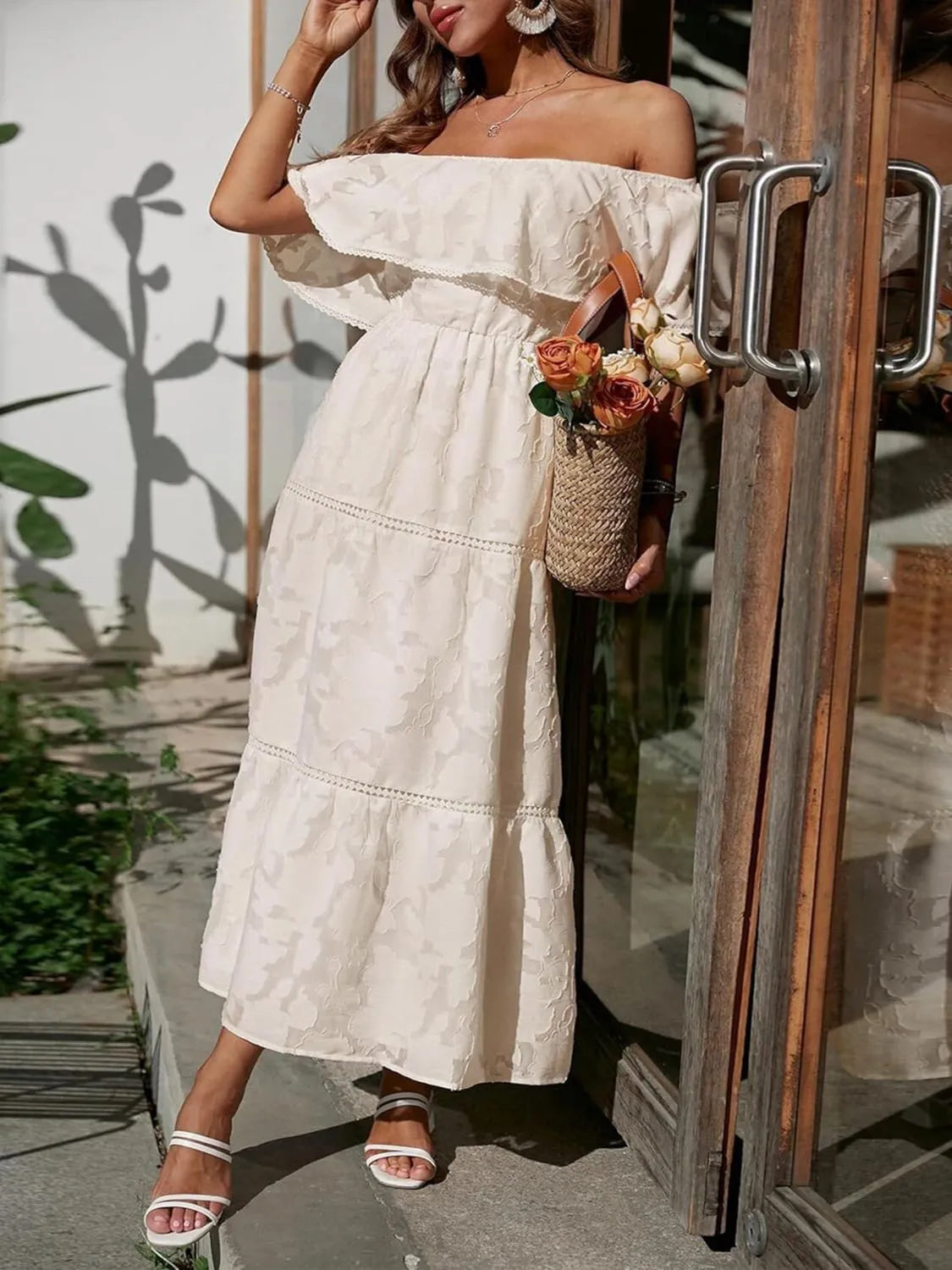 Women's Wedding Guest Off-Shoulder Maxi Dress – Layered Flowy Occasion Dress