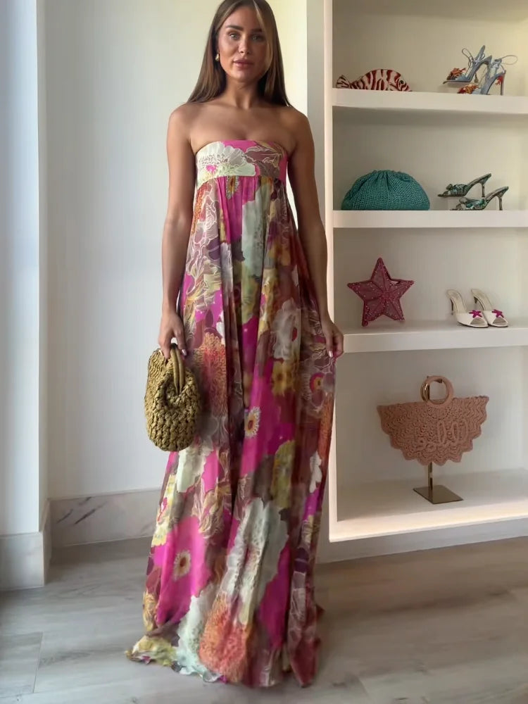 Women's Wedding Guest Floral Maxi Dress – Strapless Flowy Occasion Dress
