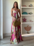 Women's Wedding Guest Floral Maxi Dress – Strapless Flowy Occasion Dress