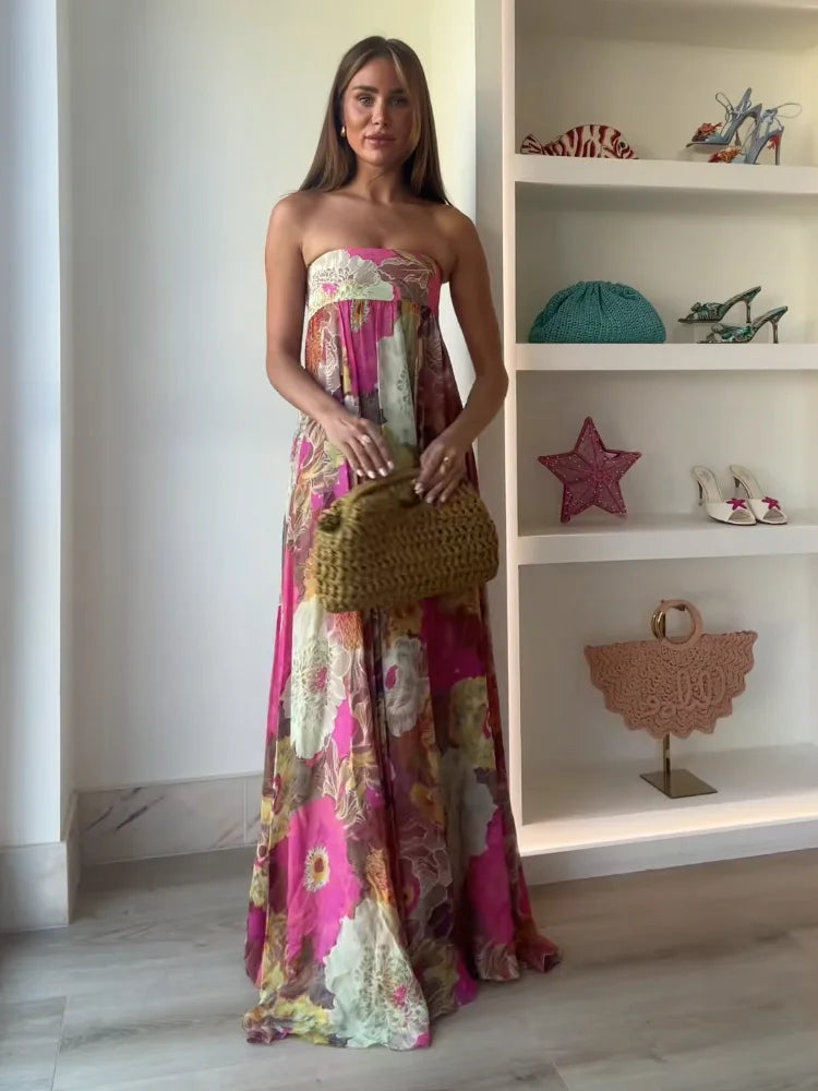 Women's Wedding Guest Floral Maxi Dress – Strapless Flowy Occasion Dress