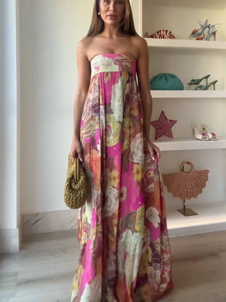 Women's Wedding Guest Floral Maxi Dress – Strapless Flowy Occasion Dress