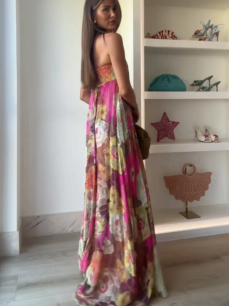 Women's Wedding Guest Floral Maxi Dress – Strapless Flowy Occasion Dress