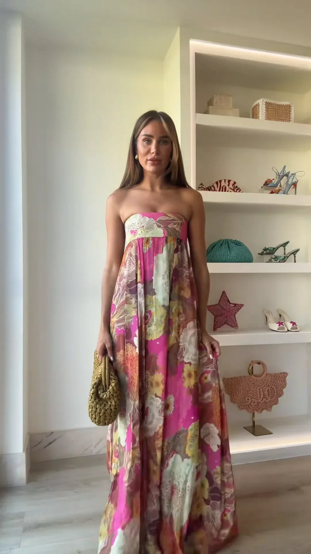 Women's Wedding Guest Floral Maxi Dress – Strapless Flowy Occasion Dress